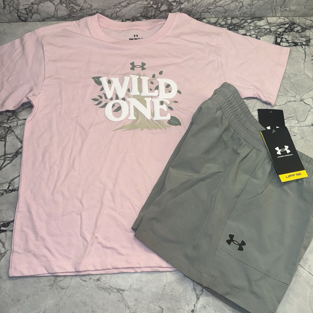 Under Armour Youth Girls Medium (10/12) Wild One Outfit Set Green Pink NEW